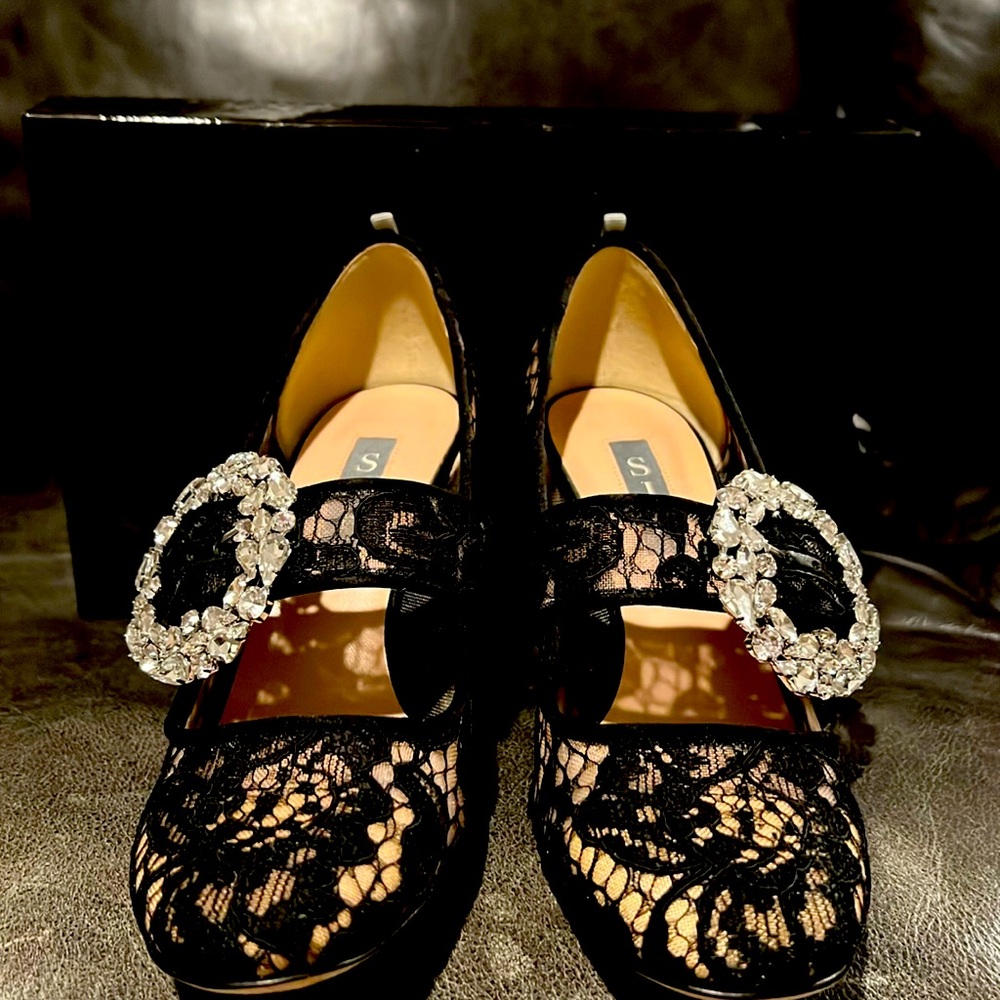 "Authentic Sarah Jessica Parker lace Crystal Mary Janes in size 36."